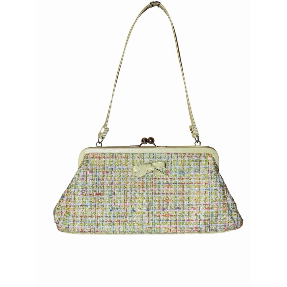 Y2K Lime Sage Green Tweed Kiss Lock Bag Bow Top Handle Coquette Retro Whimsical